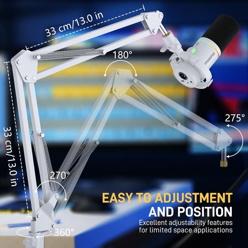 Maono Boom Arm Microphone Stand: Adjustable Metal Suspension Mic Boom Arm for Podcasting Gaming Streaming Recording,with Desk Clamp and 3/8" to 5/8" Screw Adapter-Max Load 1KG BA20 White - Image 3